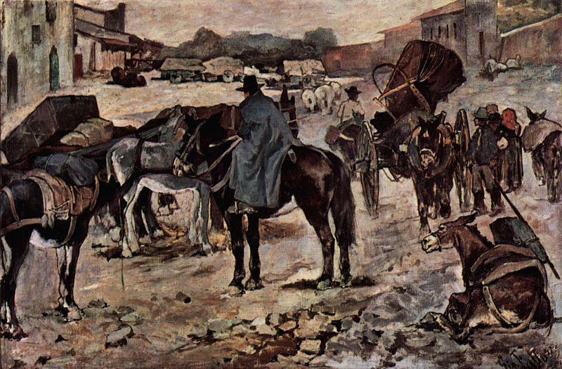 Giovanni Fattori Dorfstrasse mit Bauern, Maultieren und Handlern